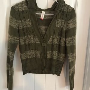 Olive green button-up half sweater with hood